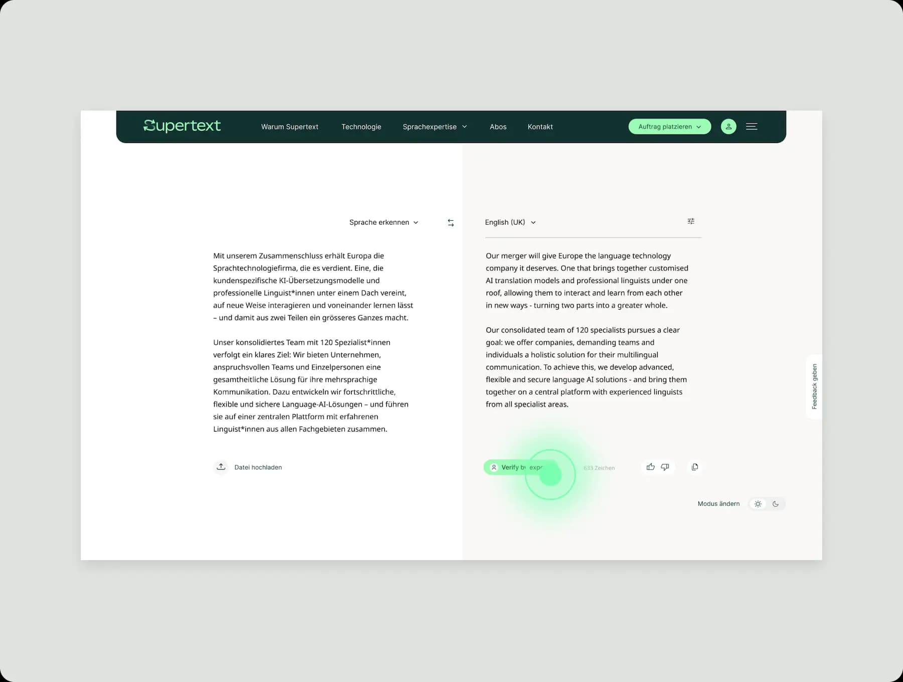 Tradurre un testo su supertext.com e selezionare «Avvia la verifica professionale»